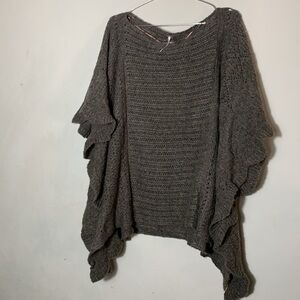 Free People Brown Crochet Scallop Cape Wrap Wool Blend Sweater Size Small